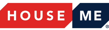 Logo with the text "HOUSE ME" in bold white letters on a red and blue geometric background.