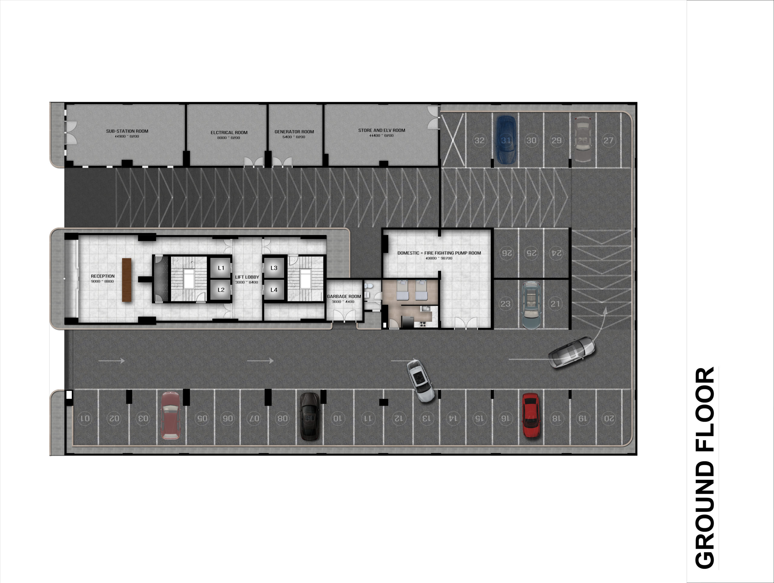 A Memaar floor plan of a building with two parking spaces.