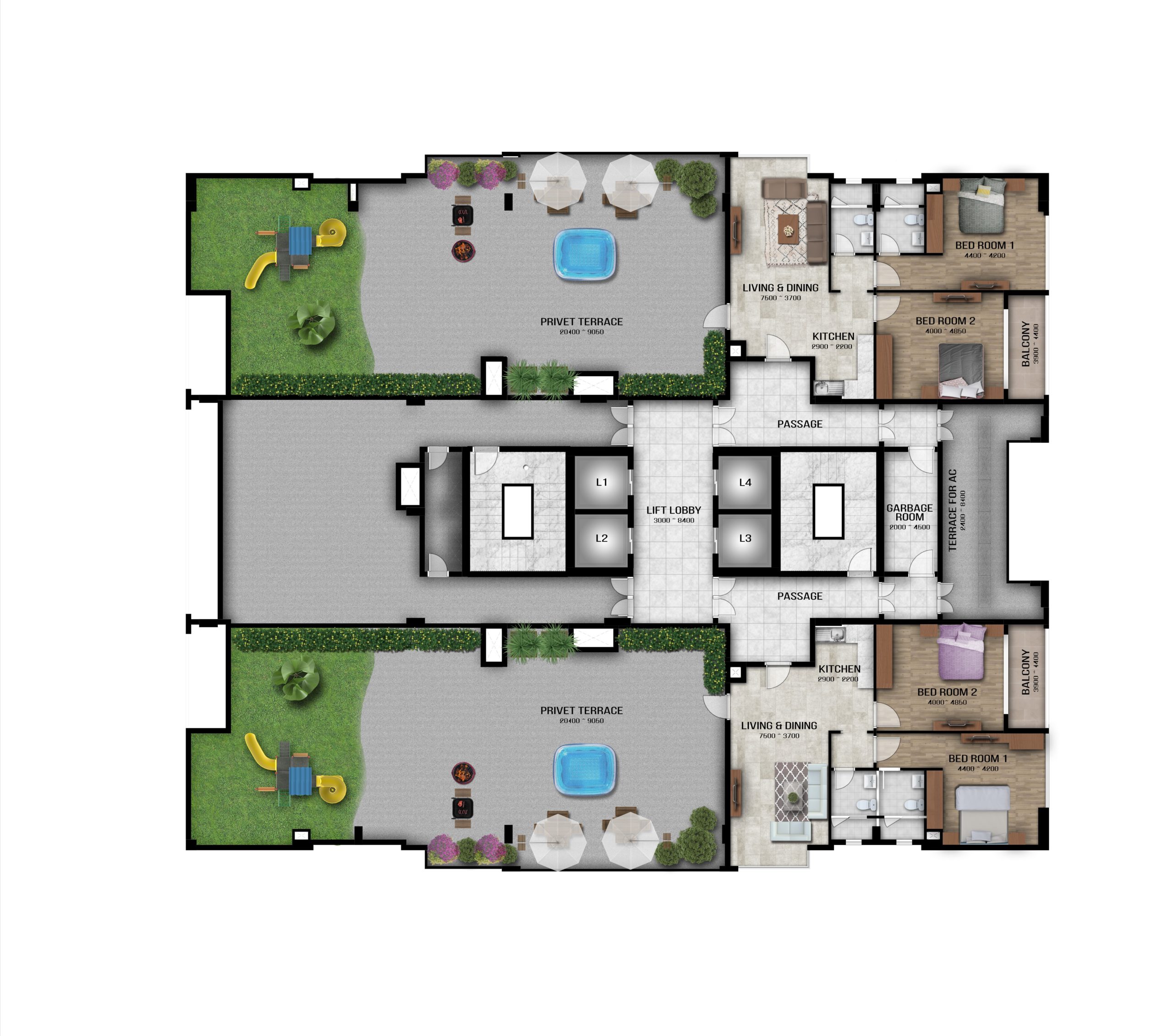 Memaar floor plan for a two-bedroom apartment with living room.