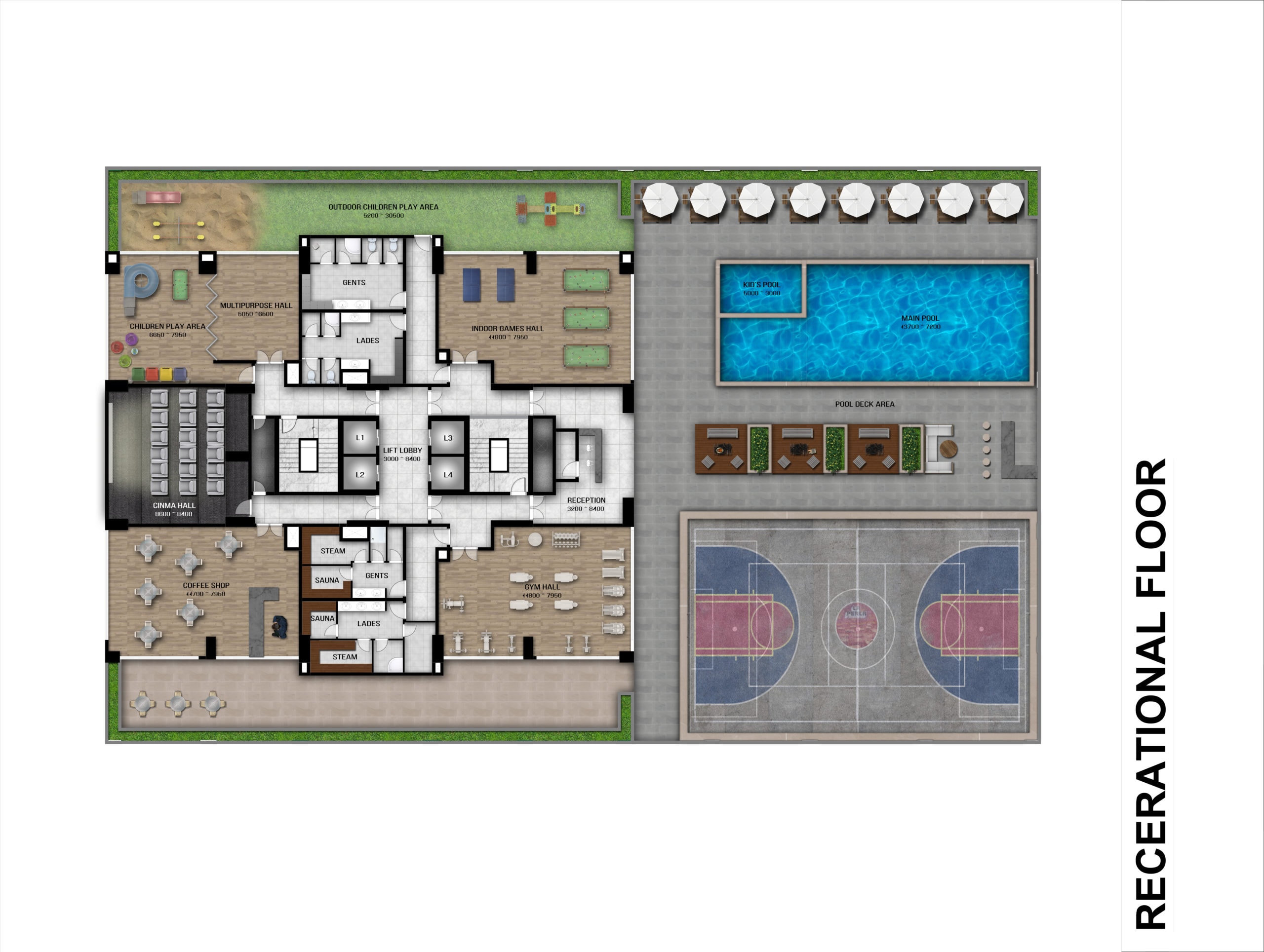 A Memaar apartment floor plan featuring a basketball court and swimming pool.