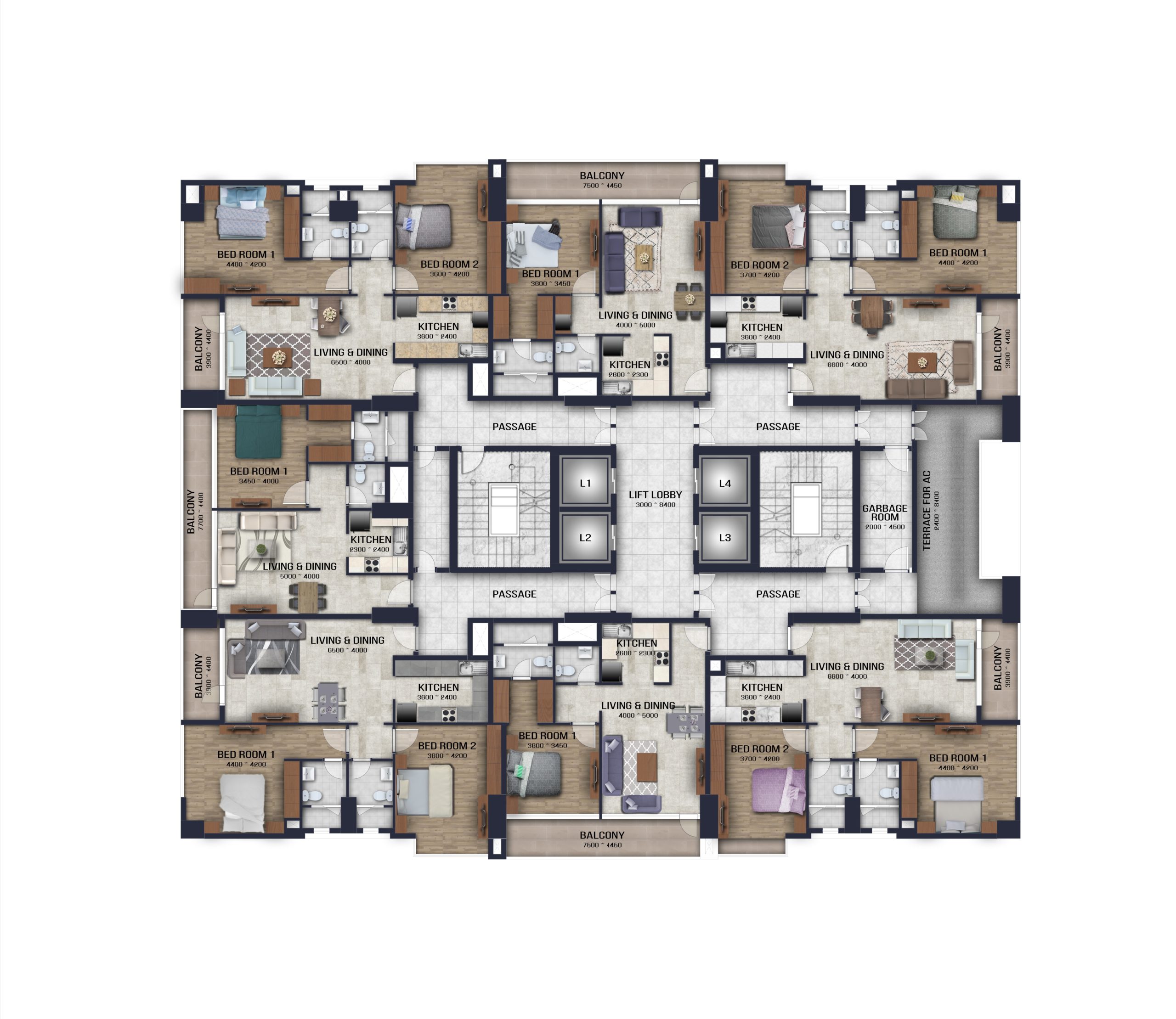 A Memaar floor plan of an apartment with two bedrooms and two bathrooms.