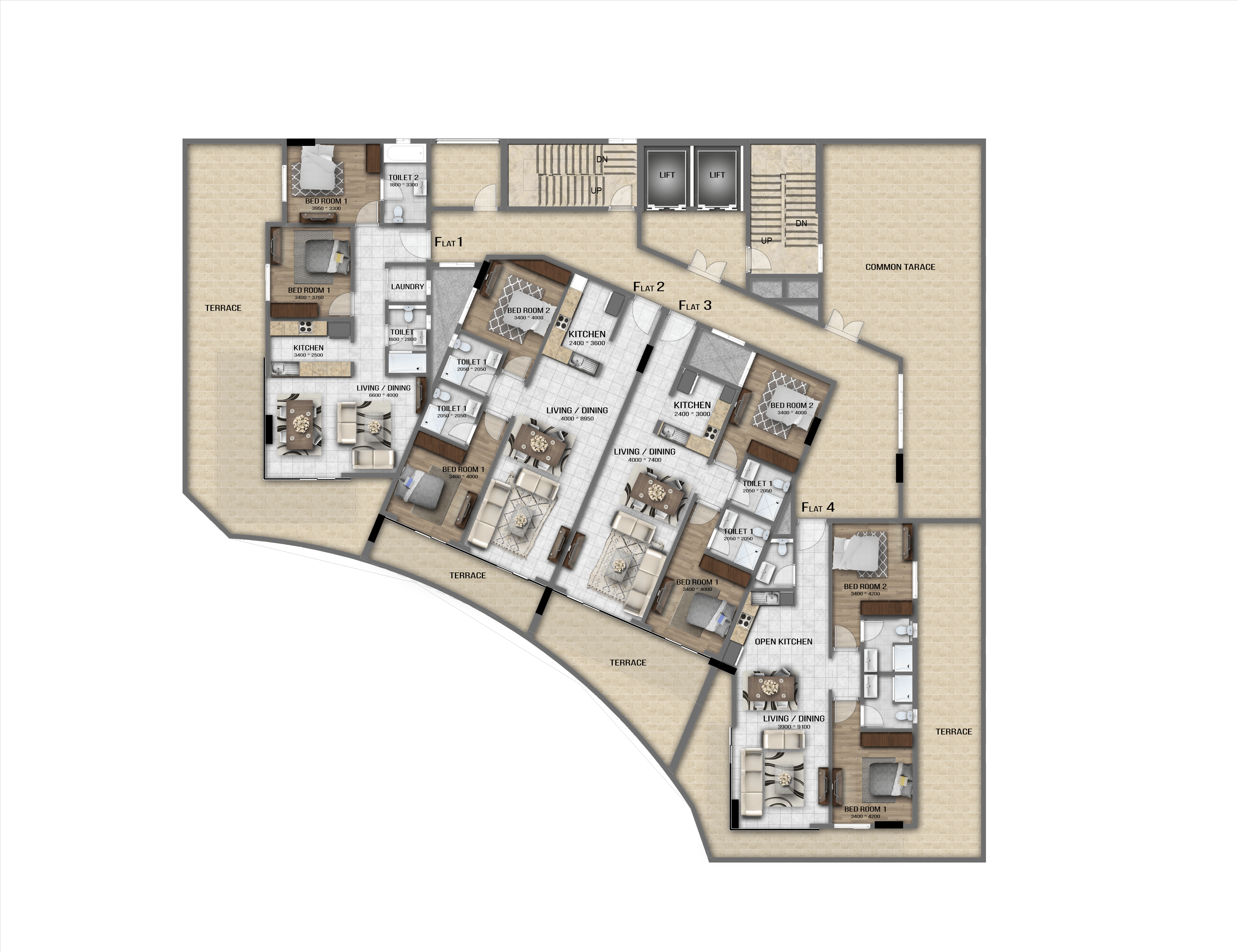A floor plan of an apartment with two bedrooms and two bathrooms in the Dar 2 building.