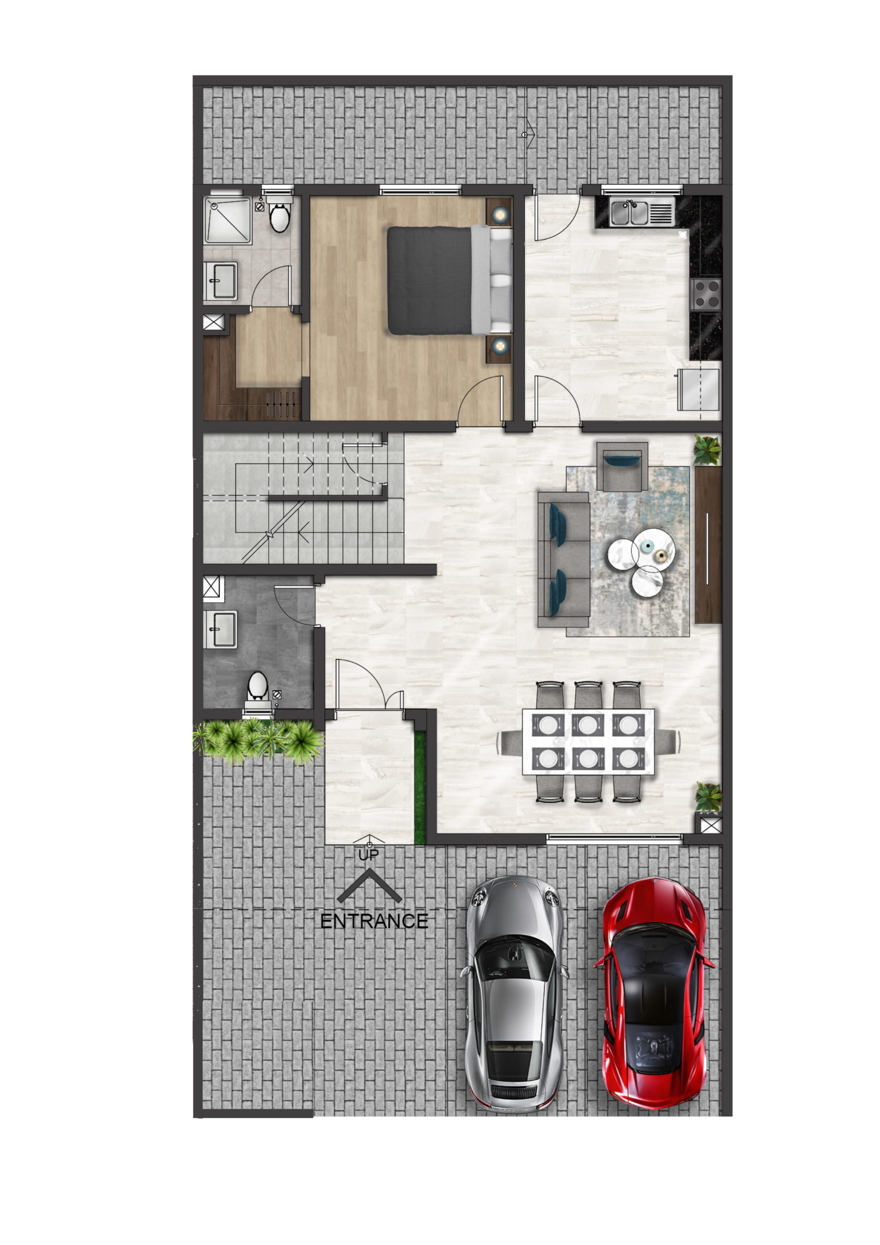 A floor plan of a Al Rawdha house with two cars and a garage.