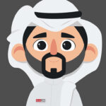 An illustrated character with large eyes, a beard, and traditional Middle Eastern attire. A small logo on the outfit reads "house me." The background is plain and dark gray. Inspired by Mohammed Redha's distinctive style.