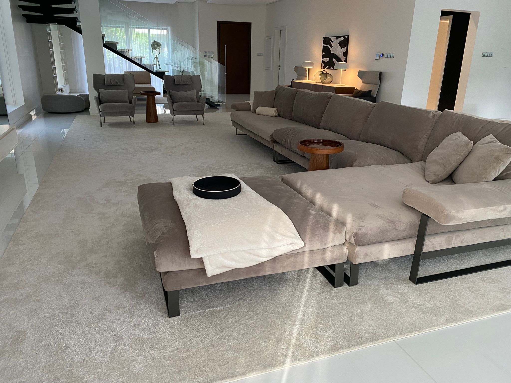 A modern designed living room in a fully furnished villa.