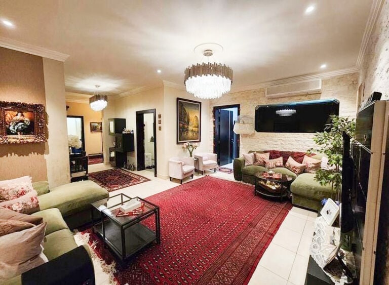 A living room with a red rug and a television is available for sale.