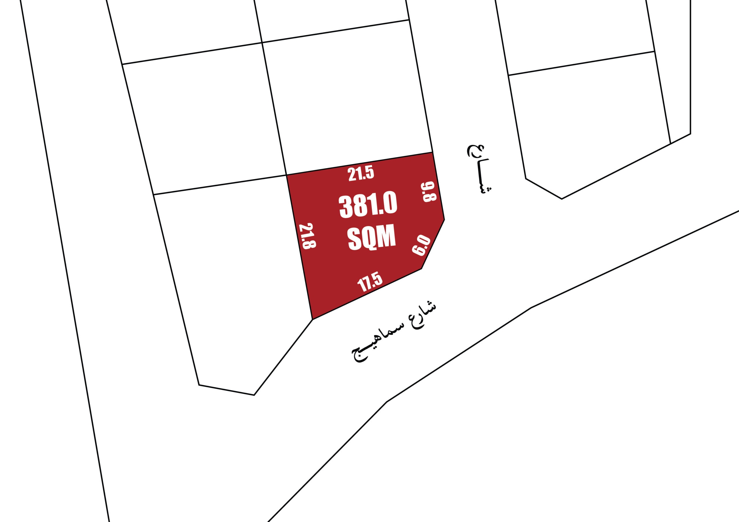 Plot layout with auto draft dimensions and area in square meters highlighted in red.