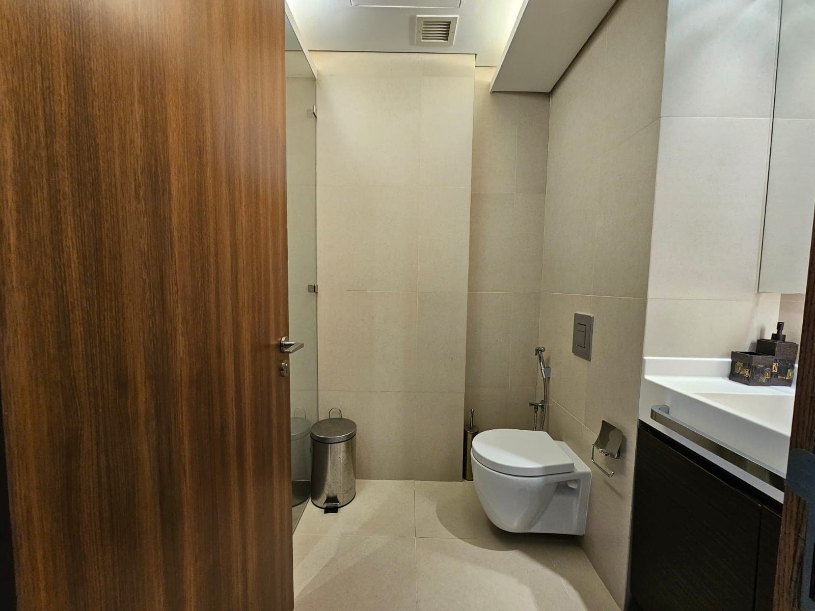 Modern bathroom interior with wooden door, toilet, waste bin, and sink area.