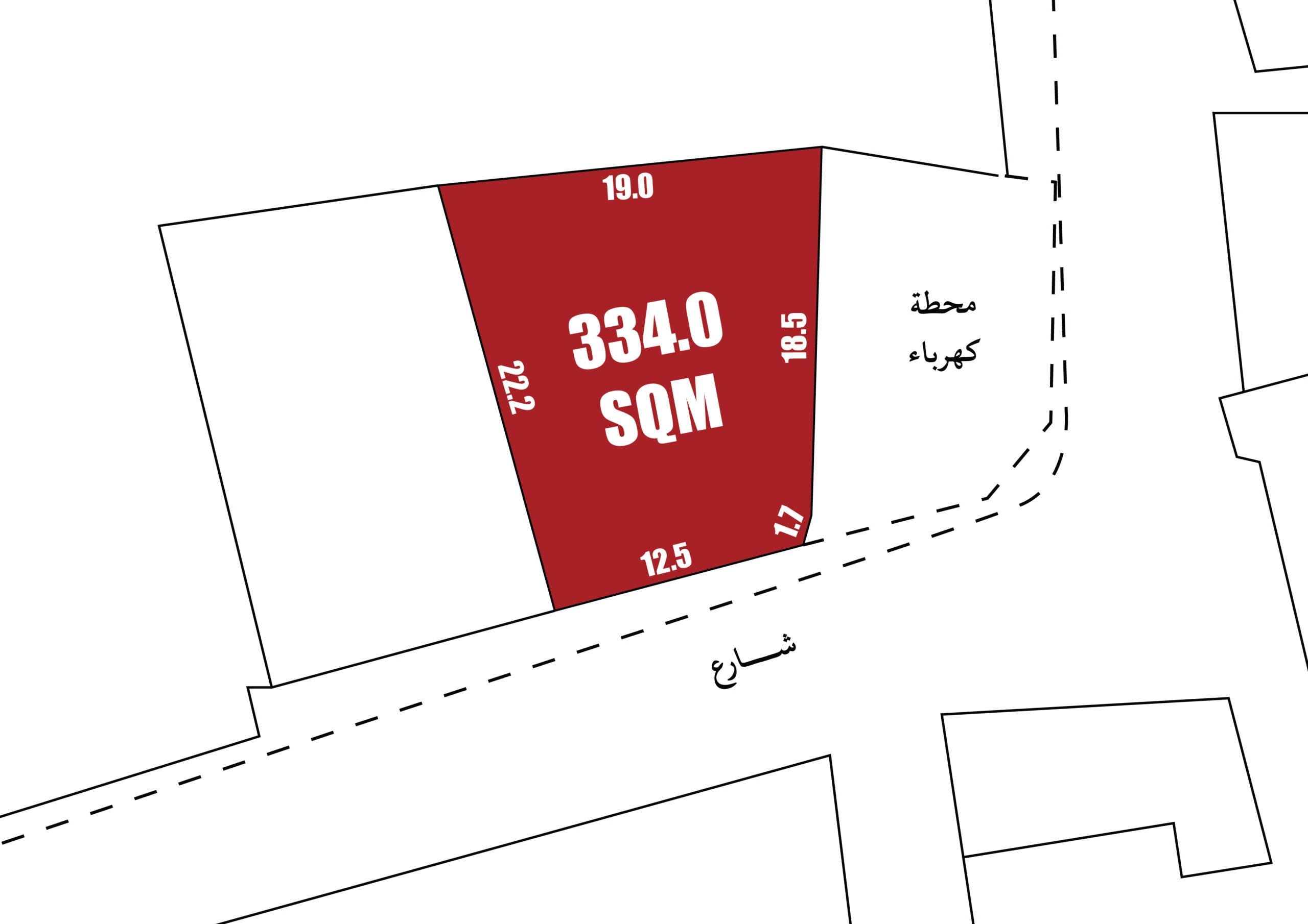 قطعة أرض بمساحة 334.0 متر مربع باللون الأحمر، ومقاساتها موضحة في مخطط تخطيطي.