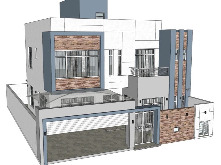 Modern residential building with a mix of brick and plaster facade, featuring balconies and an auto draft garage.