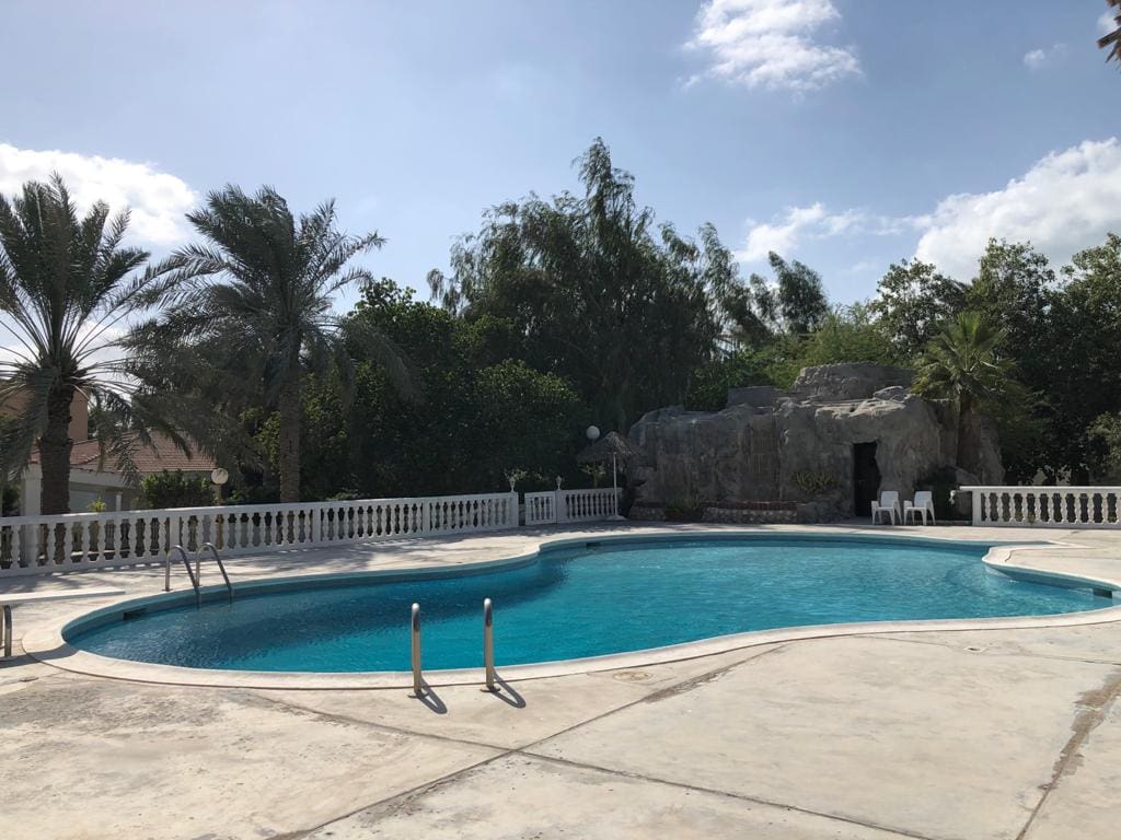 A backyard swimming pool with clear blue water, located in a spacious villa in the Saar area, surrounded by palm trees and featuring a rock waterfall on one side.