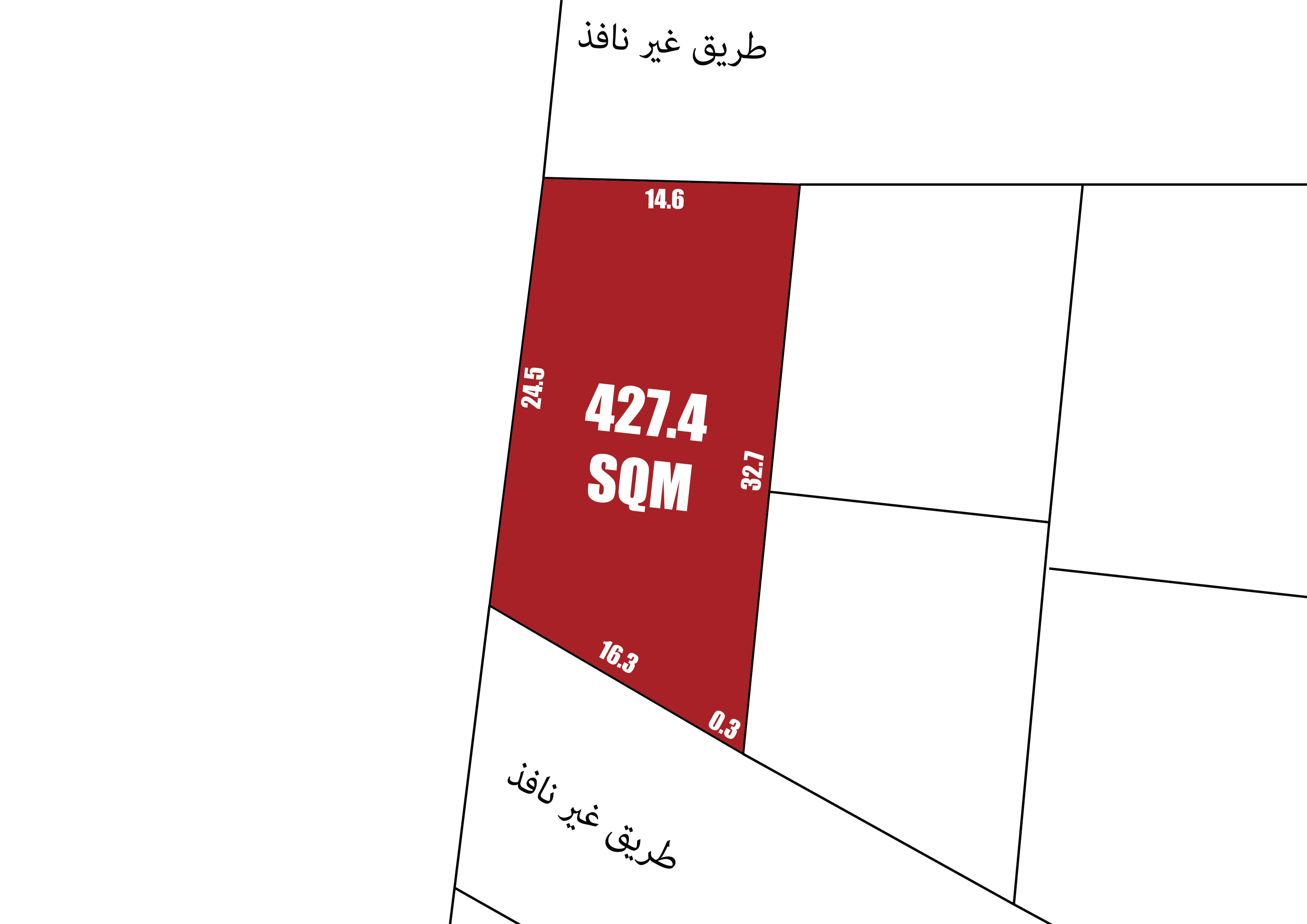 رسم تخطيطي يوضح قطعة أرض مساحتها 427.4 مترًا مربعًا مظللة باللون الأحمر مع الإشارة إلى أحجام قطع الأرض المجاورة.