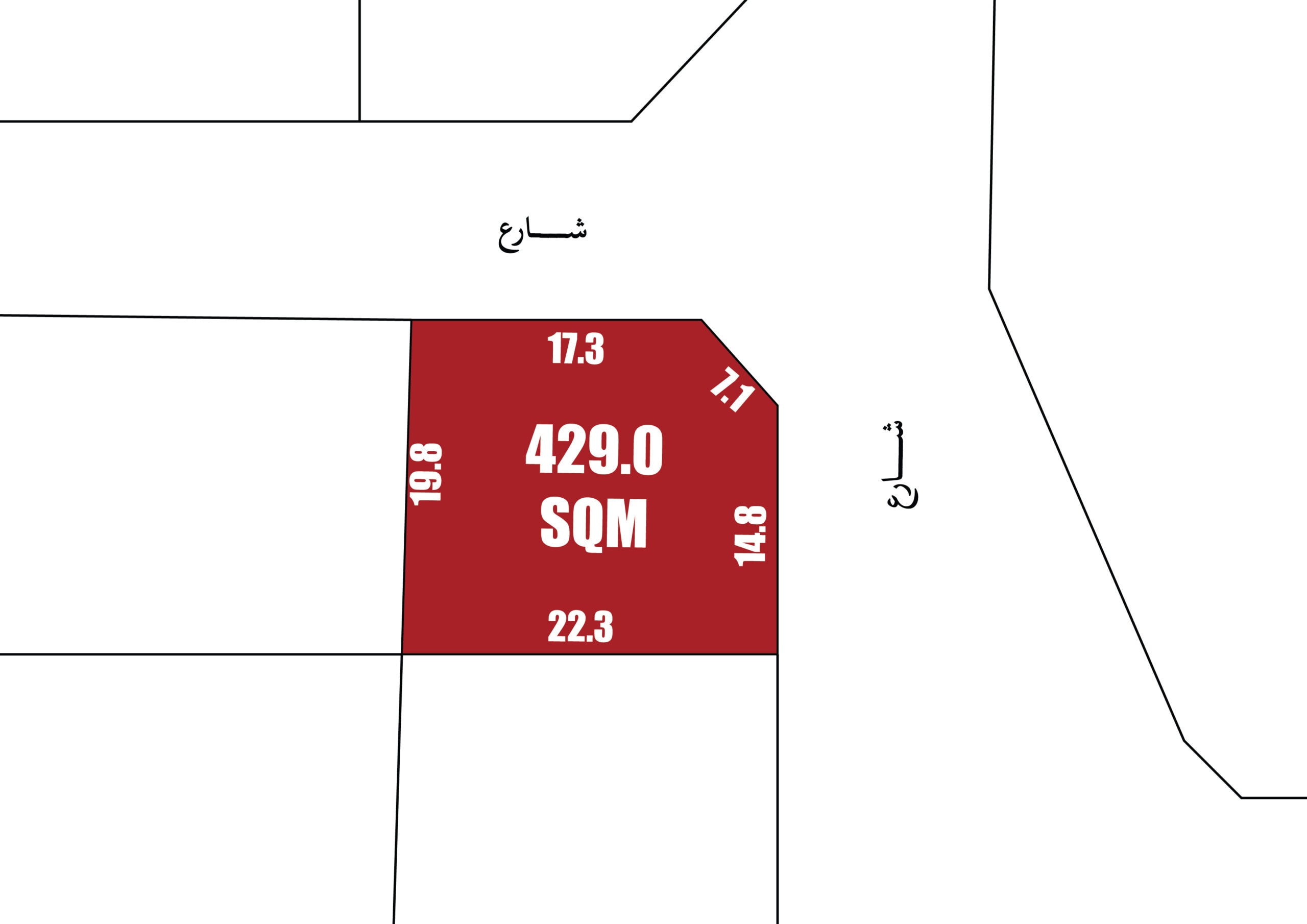 A schematic diagram showing a red-highlighted residential land plot labeled with measurements "429.0 sqm" and other numerical dimensions, surrounded by unlabeled white plots.