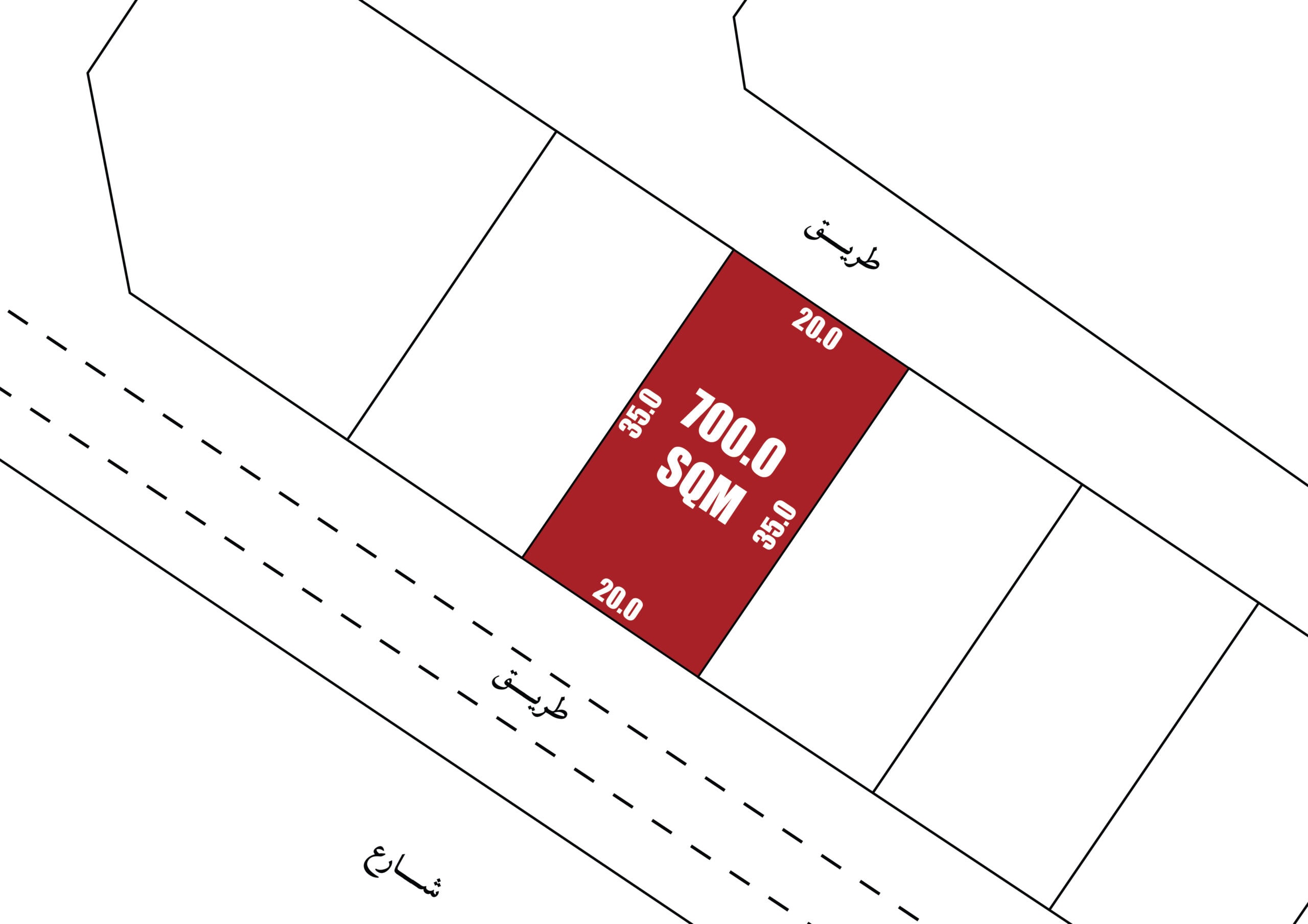 رسم تخطيطي لتخطيط عقار يتميز بمساحة مظللة تبلغ 700 متر مربع باللون الأحمر، تحدها خطوط متقطعة، مع قياسات وتعليقات نصية باللغة العربية.