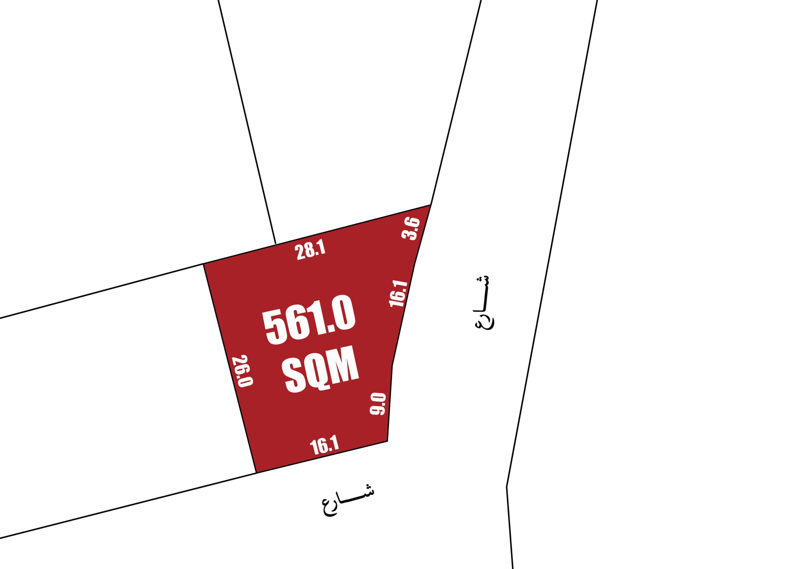 رسم تخطيطي يوضح منظر مخطط لمنطقة عقار بقياسات تشير إلى 561.0 متر مربع.