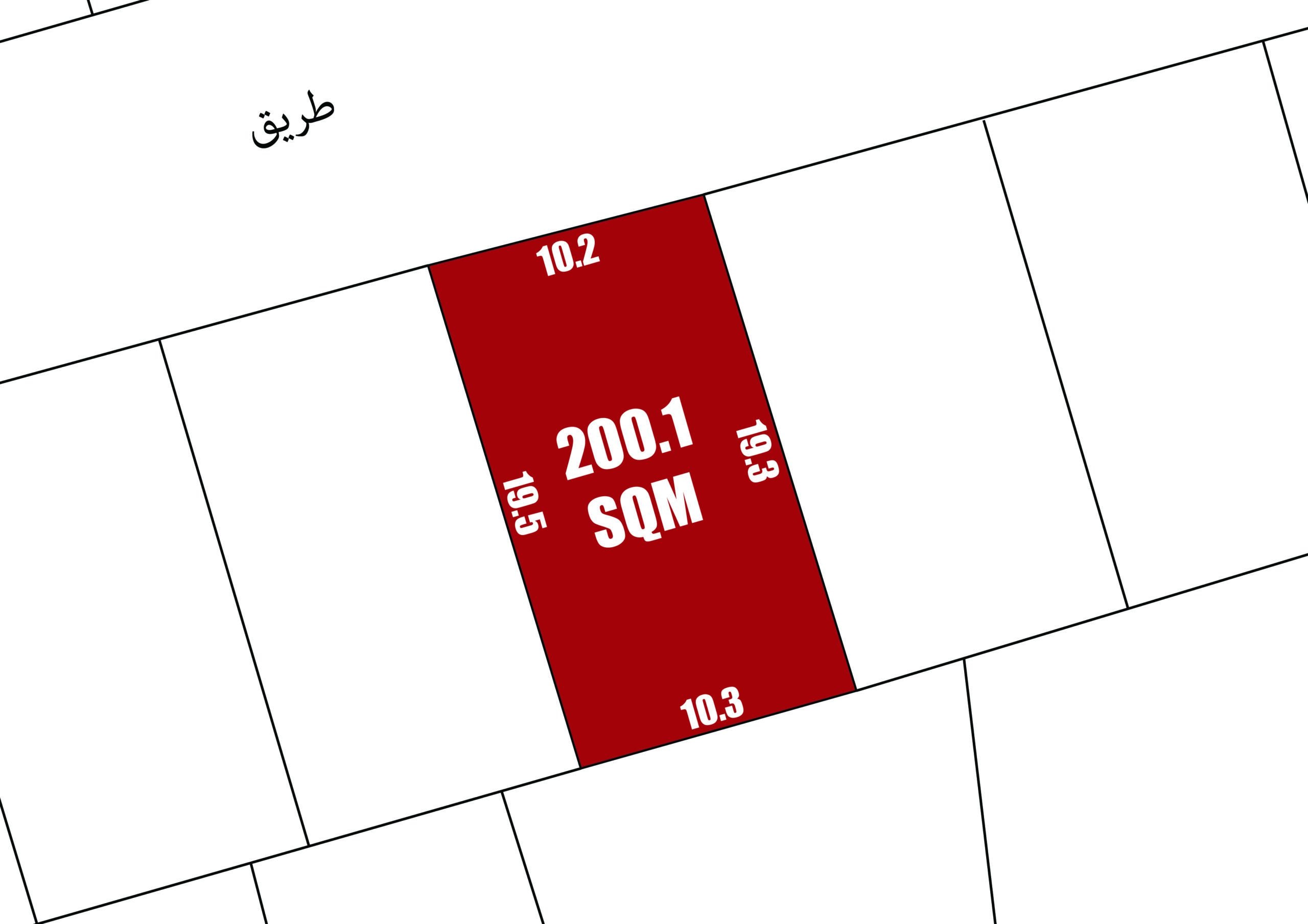 رسم تخطيطي لقطعة أرض حمراء مكتوب عليها "200.1 متر مربع" محاطة بقطع أرض بيضاء، مع قياسات من كل جانب، تشير إلى مخطط عقاري بأبعاده.