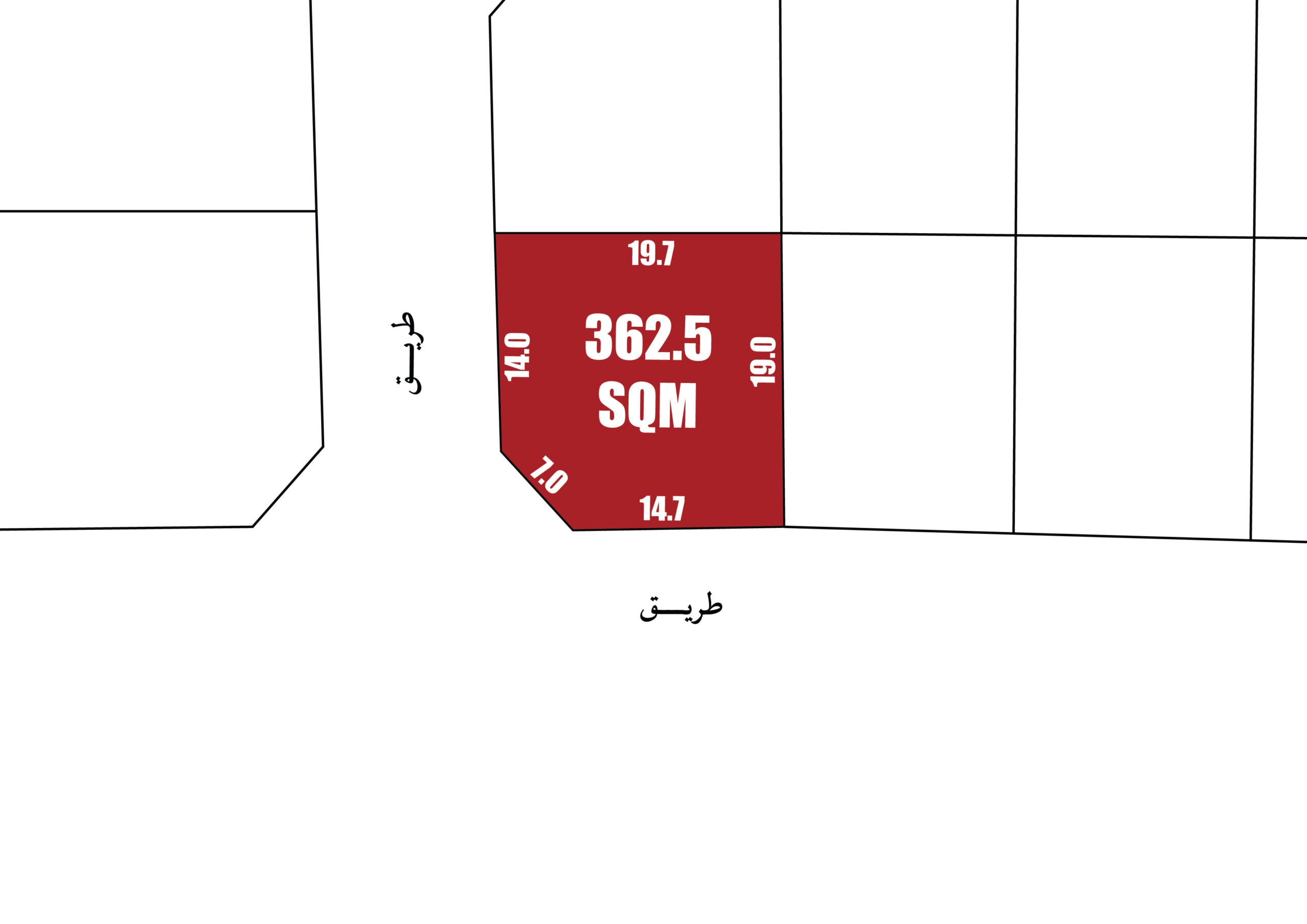 Architectural floor plan of a land for sale in Tubli, highlighting a 362.5 square meters area positioned on a 2 roads corner, with measurements and numerical details in Arabic and English
