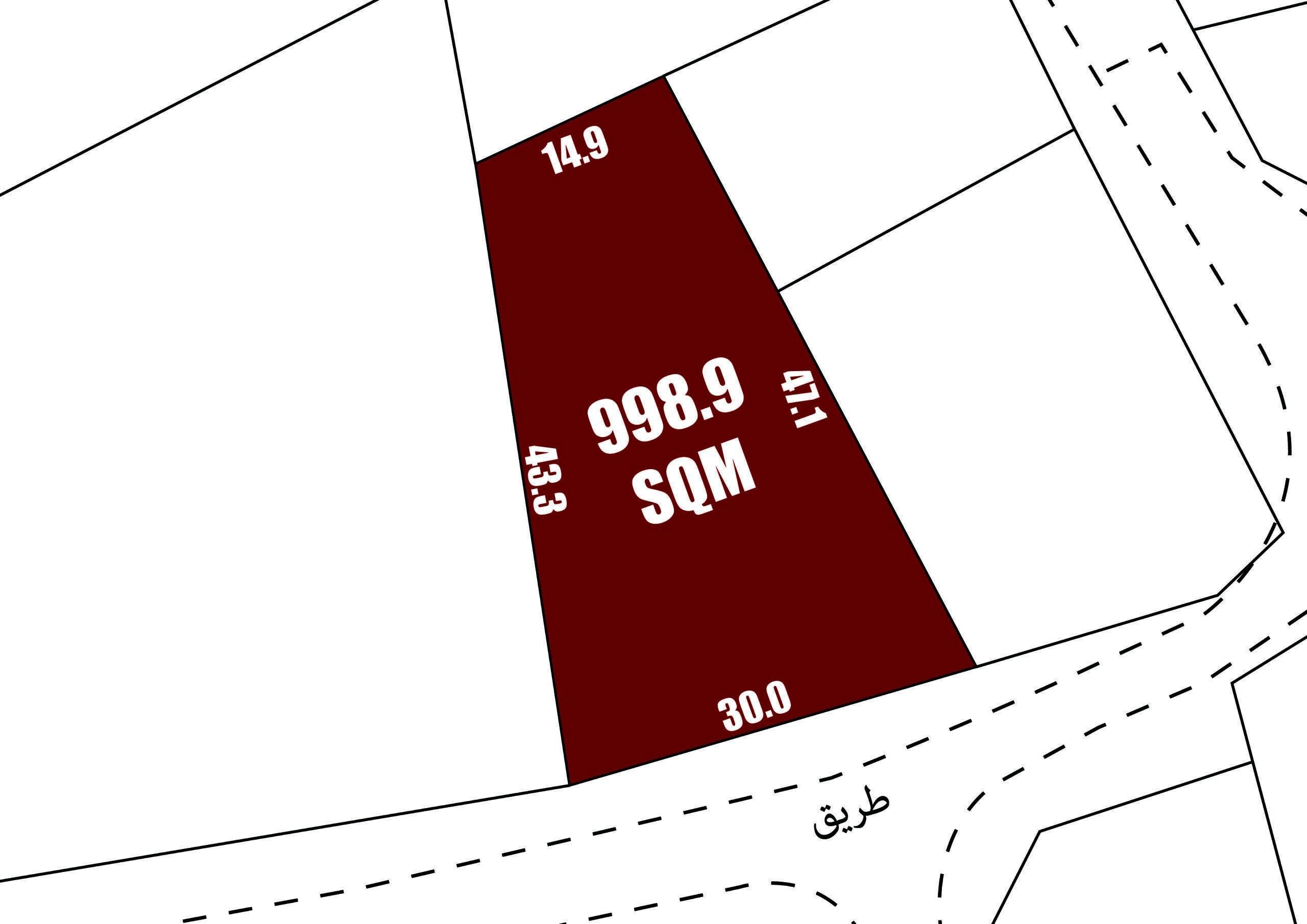 القسم الأحمر على الخريطة يحمل علامة "998.9 متر مربع" مع وجود قياسات عند الحواف، ويظهر تخطيط عقار سند مع الكتابة العربية في أسفل اليمين.