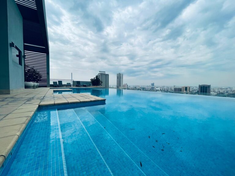 Infinity pool on a high-rise building overlooking a city skyline under an overcast sky with auto draft.