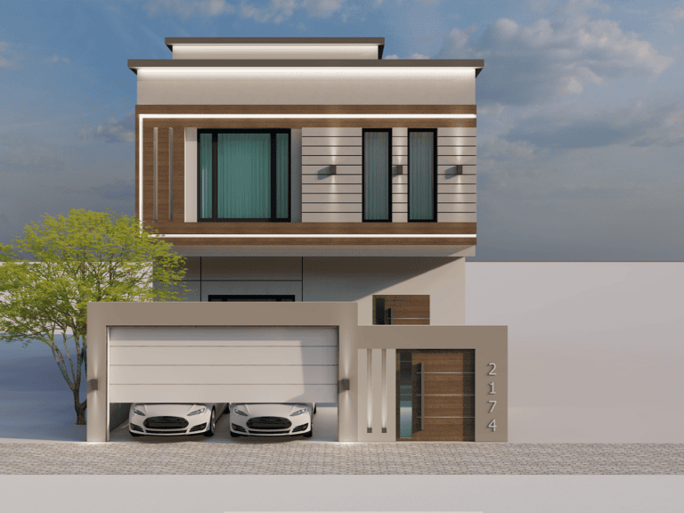 Elegant two-story villa with a flat roof, large windows, and an attached garage with two white cars parked outside.