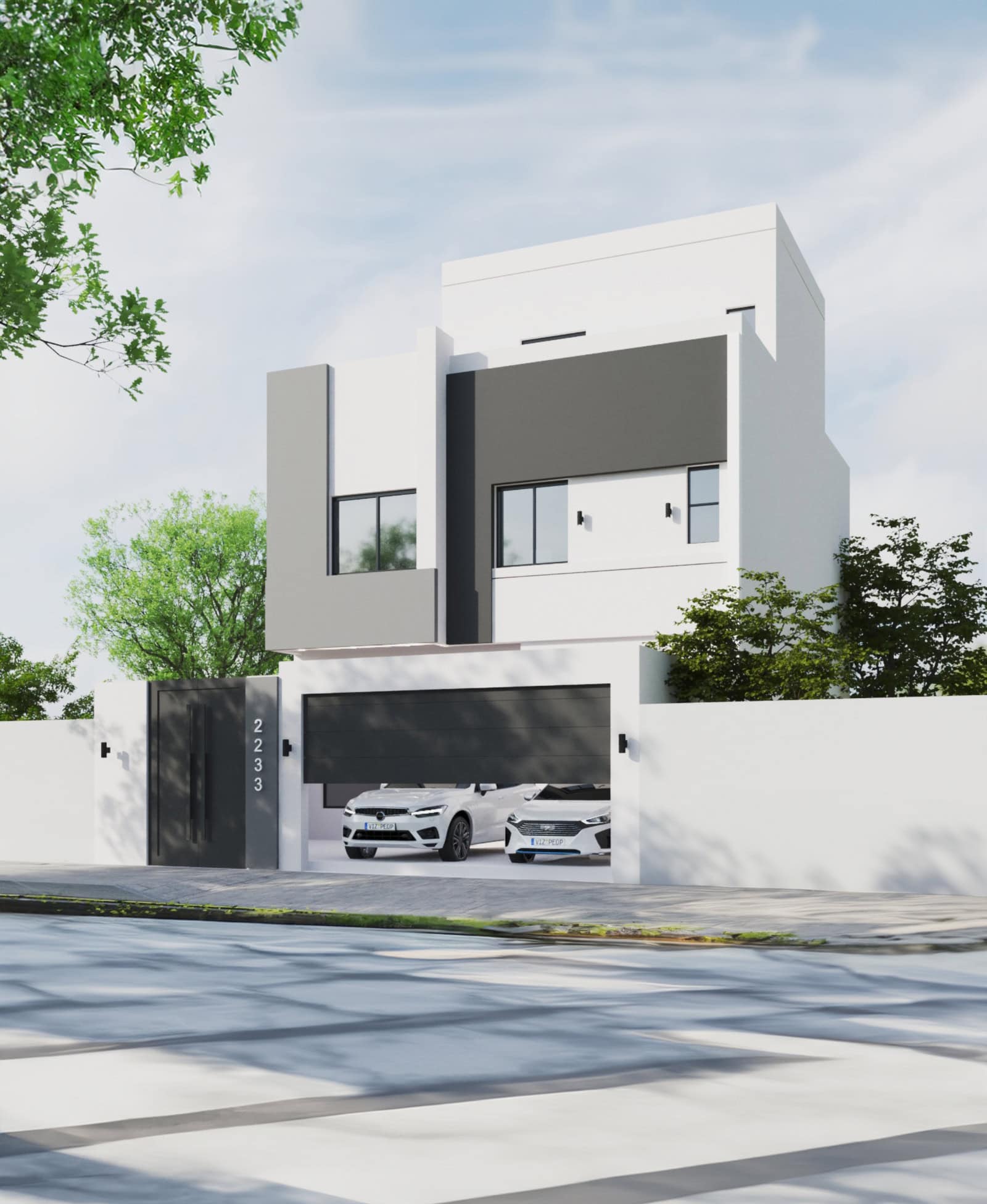 Modern white two-story villa for sale in Hamala with gray accents, large windows, and two white cars parked in the driveway. The house is surrounded by a white wall and greenery, making it an ideal location.