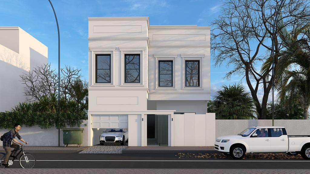 Modern two-story villa with white facade, garage, and balcony, set in a street scene with a man riding a bicycle and a parked white truck in Hamala.