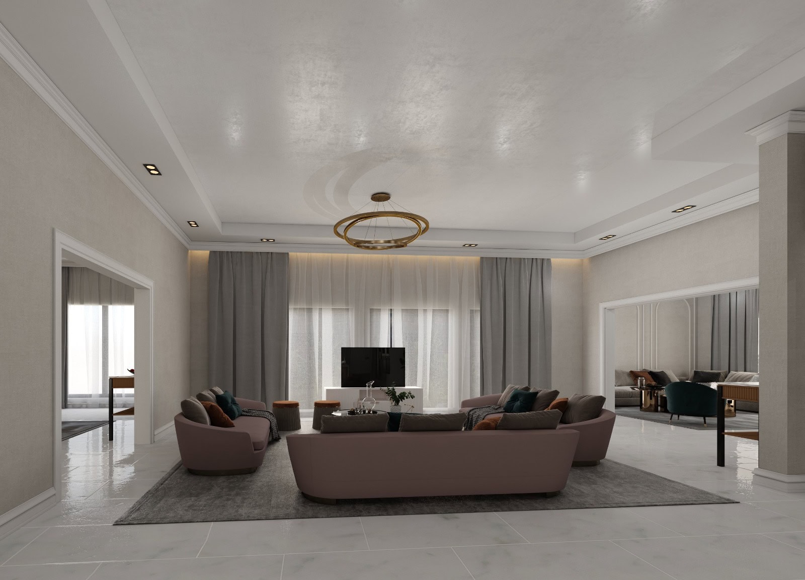 Modern living room with plush pink sofas, a circular chandelier, and a large TV, featuring neutral tones and elegant decor.