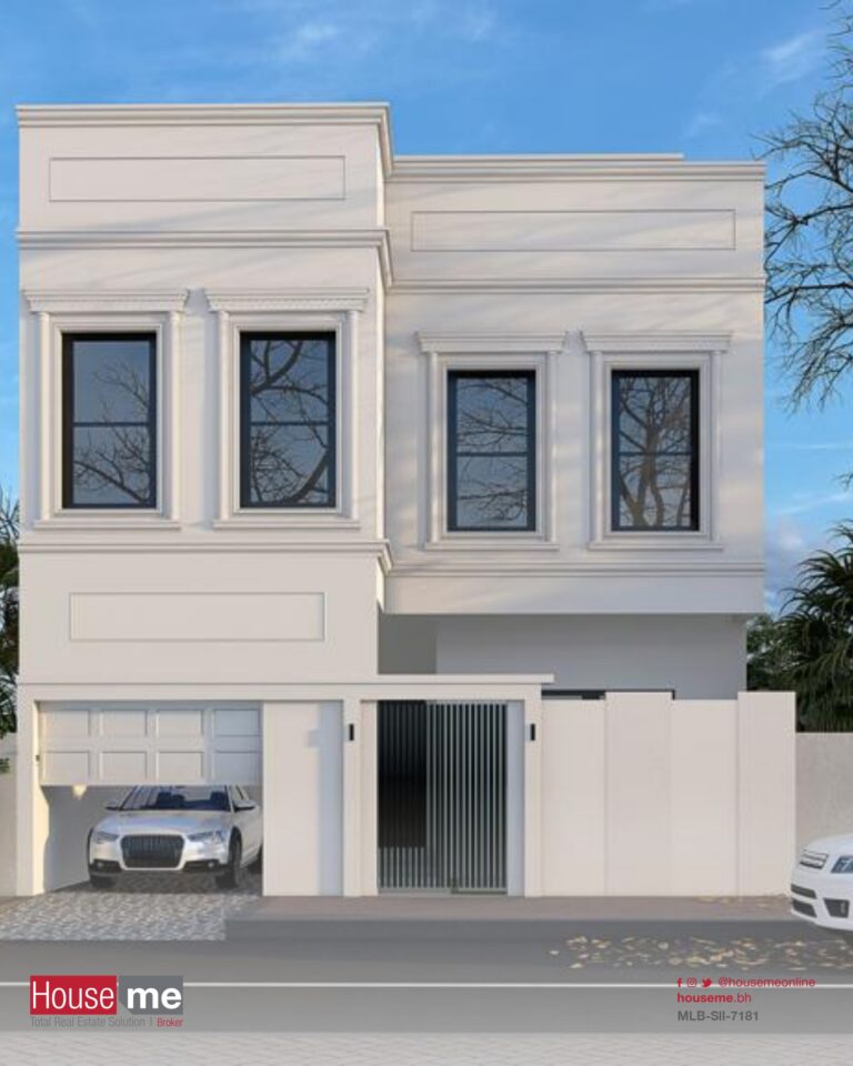 Real Estate Hamala: Modern two-story villa with a white facade, featuring large windows, a balcony, and a garage, parked with a white car.