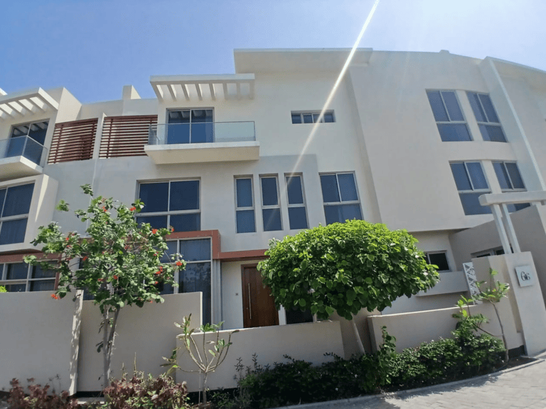 Modern white residential villas for rent with large windows, under a clear sky, featuring lush green bushes and a small tree in front.