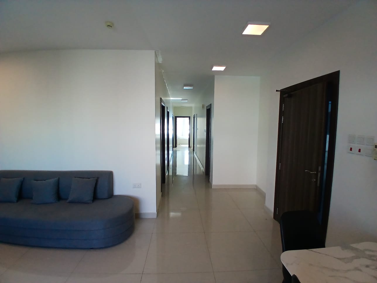 Interior of an amazing apartment showing a blue sofa, white walls, and a hallway leading to other rooms.