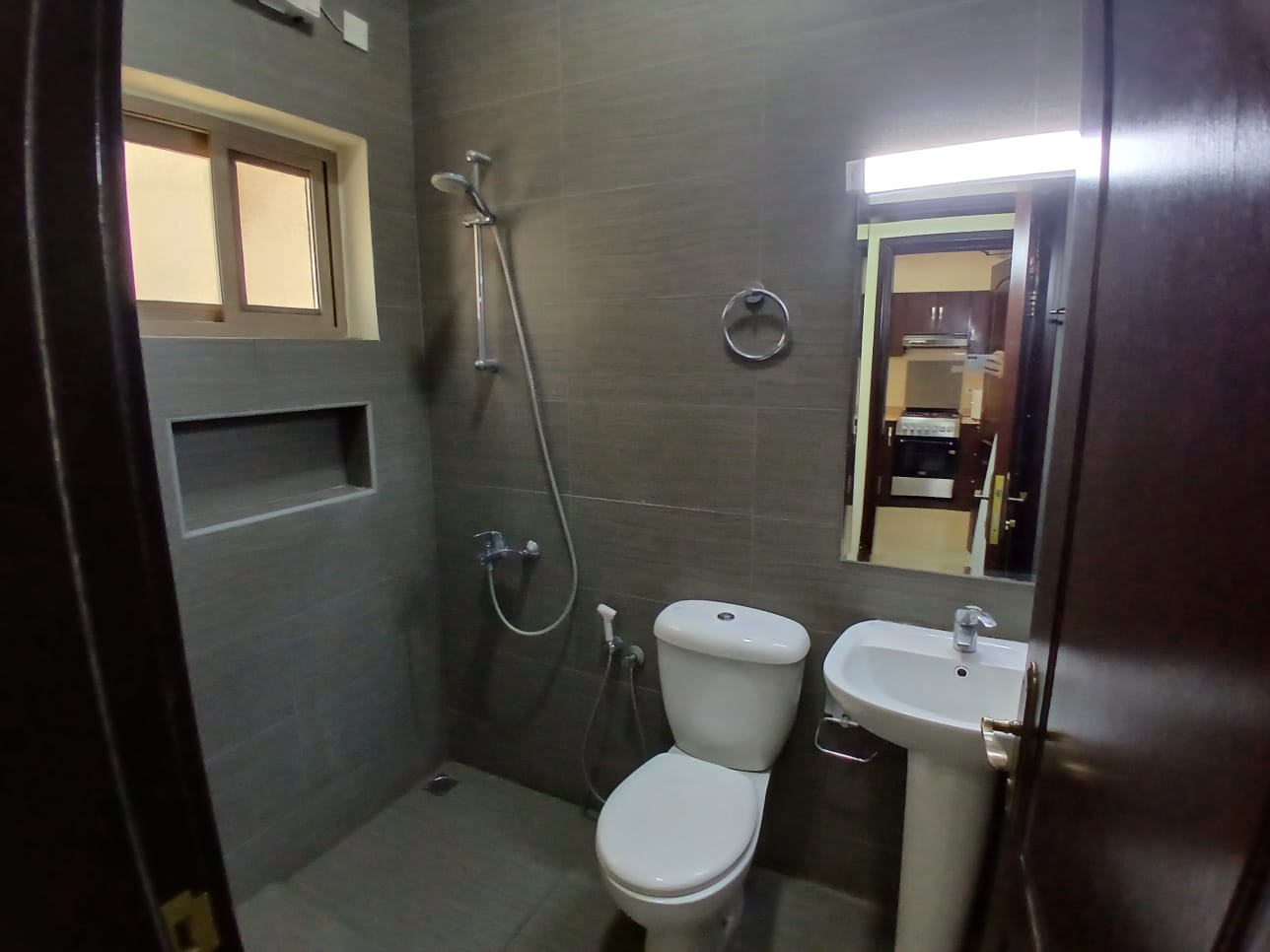 A bathroom with a toilet, sink, wall-mounted shower, and a small window. The walls are tiled. A mirror with a shelf and a light is above the sink. Door is partially open, showing a glimpse of another room.