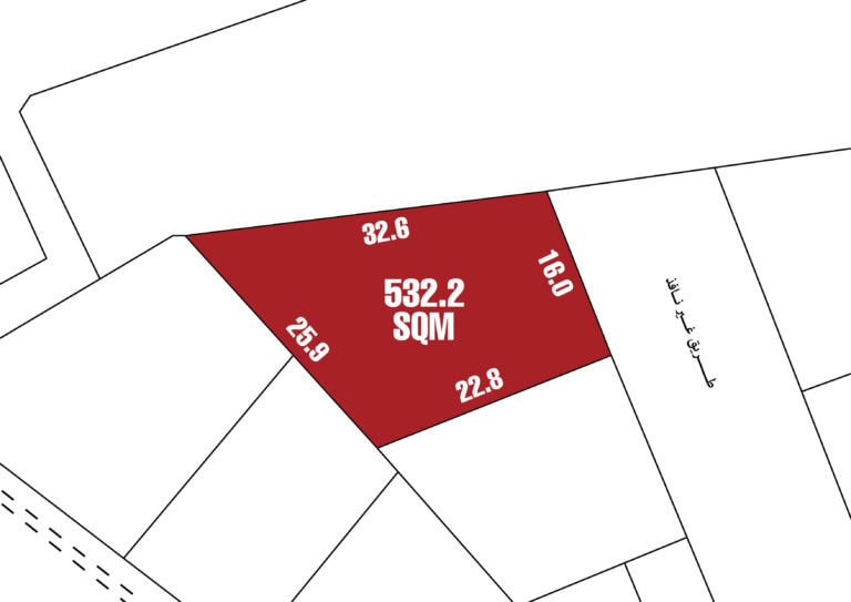 A prime plot of land for sale in Jurdab, outlined in red and measuring 532.2 square meters, with side lengths marked as 32.6, 16.0, 22.8, and 25.9 units.
