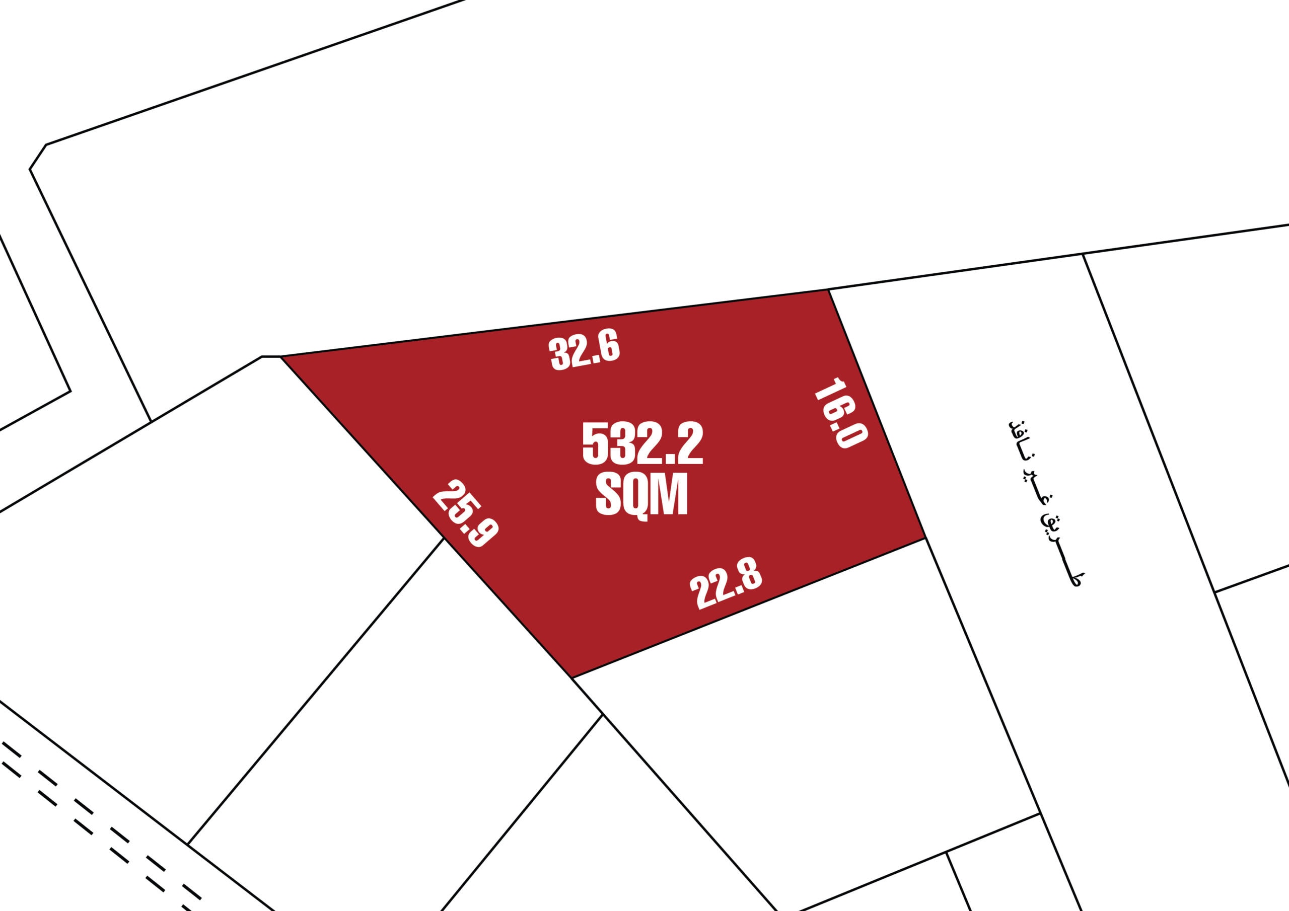 A prime plot of land for sale in Jurdab, outlined in red and measuring 532.2 square meters, with side lengths marked as 32.6, 16.0, 22.8, and 25.9 units.