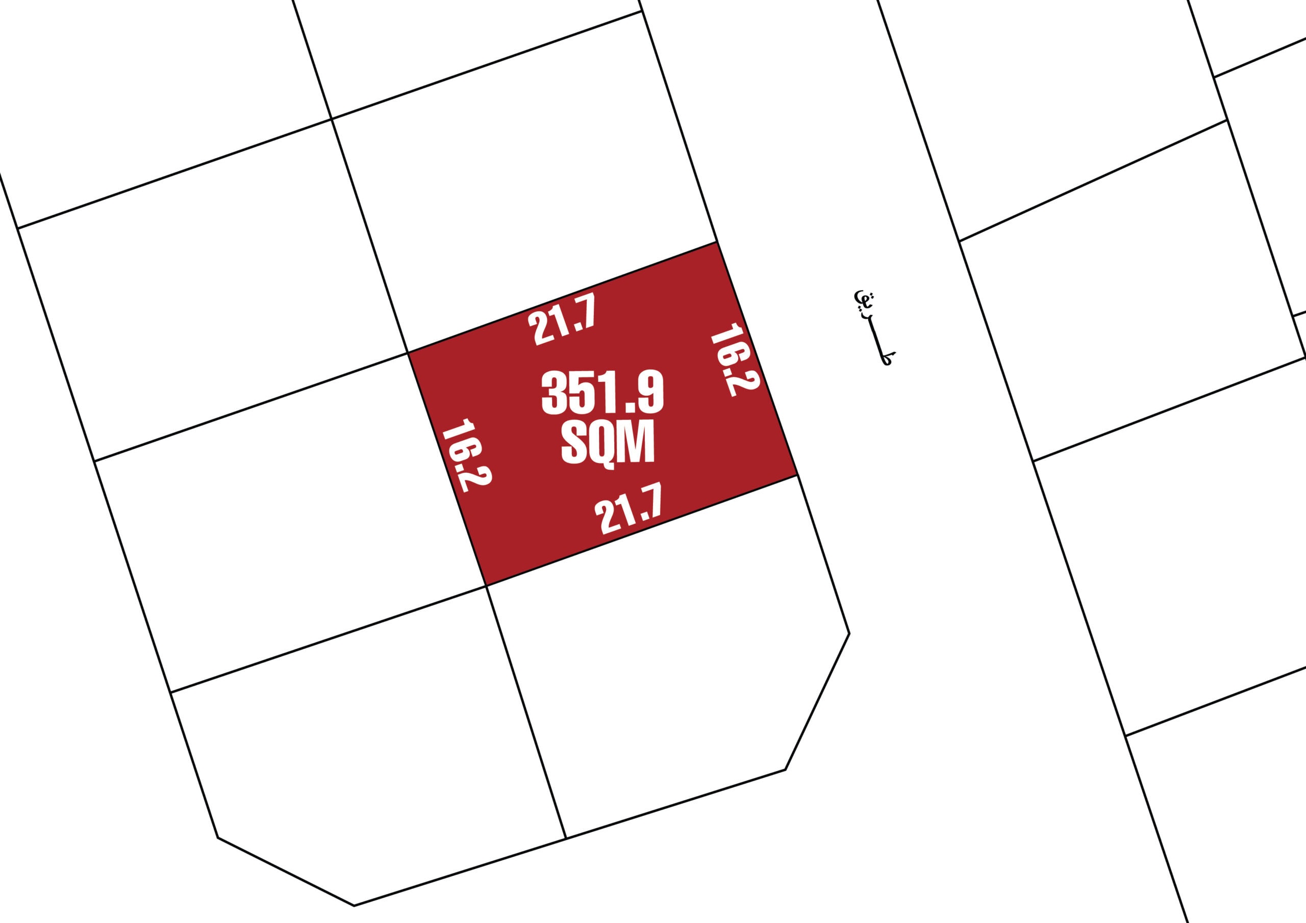 A plot map highlighting a 351.9 SQM rectangular parcel of land in the Nuwaidrat Area, with side measurements 21.7m and 16.2m, available for sale.