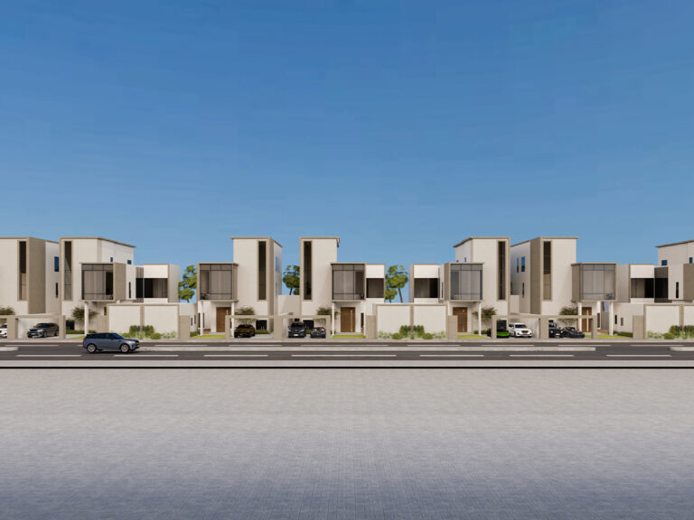 A row of modern, beige two-story houses with large windows and small front lawns is perfectly aligned under a clear blue sky, resembling an auto draft of architectural precision.