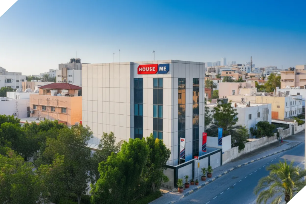 A modern four-story building with a "HOUSE ME" sign on the facade, located on a tree-lined street in a residential urban area.