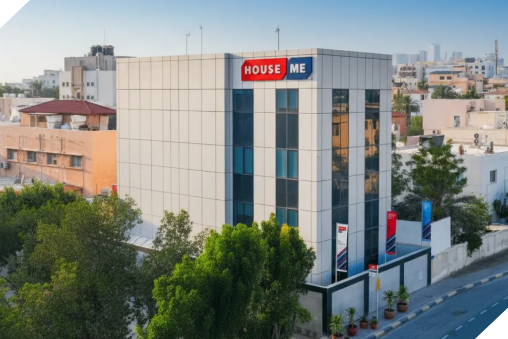 A modern, four-story building with a "HOUSE ME" sign on the top, surrounded by trees and neighboring structures on a clear day.