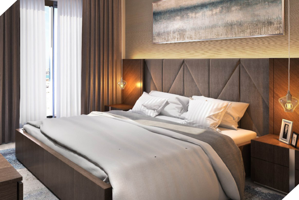 Modern bedroom with a large bed, gray headboard, white and gray bedding, two bedside tables with lamps, and a large abstract painting above the bed.
