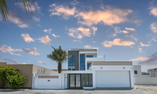 A modern house with a garage and palm trees for sale in Janabiyah.