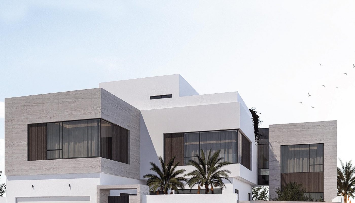 Modern two-story house with large windows, flat roofs, white and gray exterior, a garage, palm trees, and landscaped plants, viewed from the street under a clear sky.