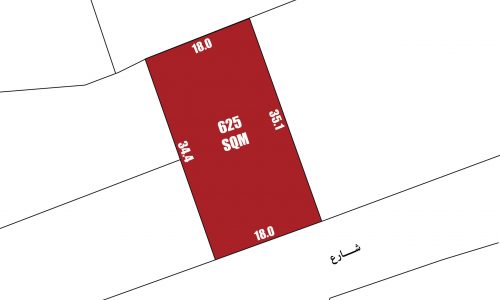 A 625 square meter rectangular plot, marked in red on a map, with dimensions 18.0 by 35.1 and adjacent street names in Arabic, is available for sale as prime residential land in Saar.