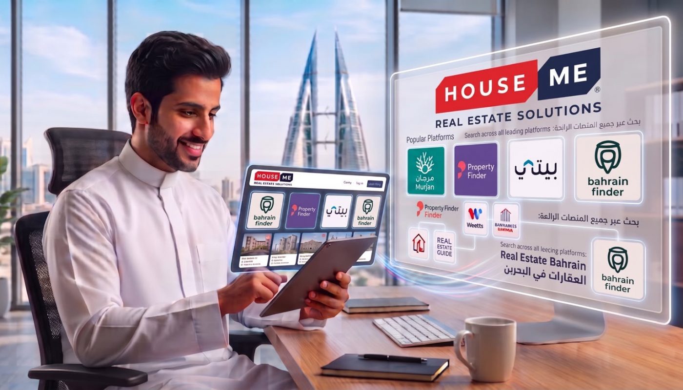 A man in traditional attire uses a tablet at a modern desk, with real estate websites and Bahrain landmarks shown on digital screens in the background.