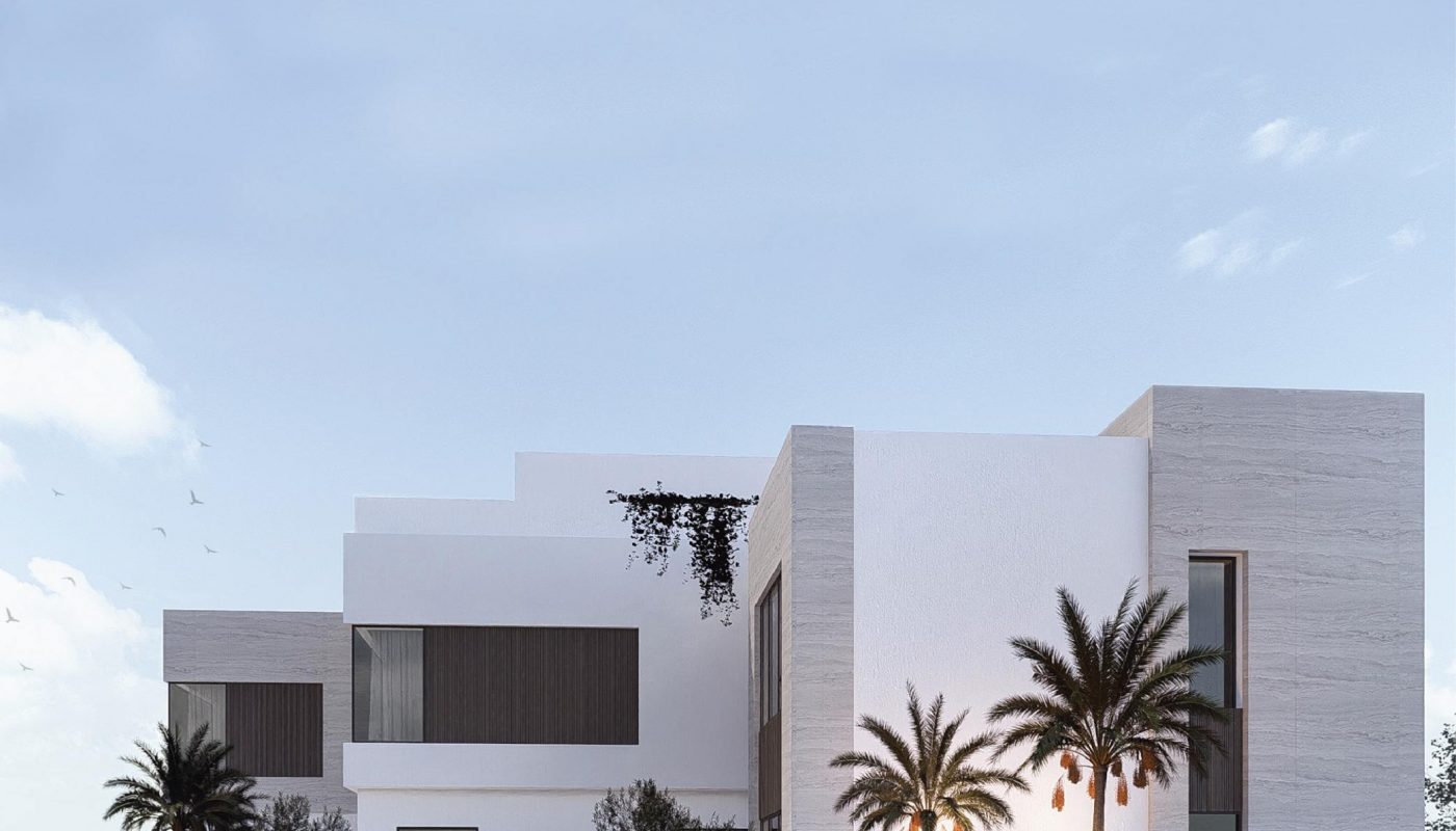 Modern white and gray house with clean lines, large windows, and palm trees in front, under a clear blue sky.