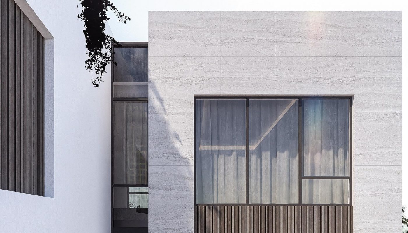 Modern building with large windows and wood paneling; a pool and greenery are visible in the courtyard between the structures.