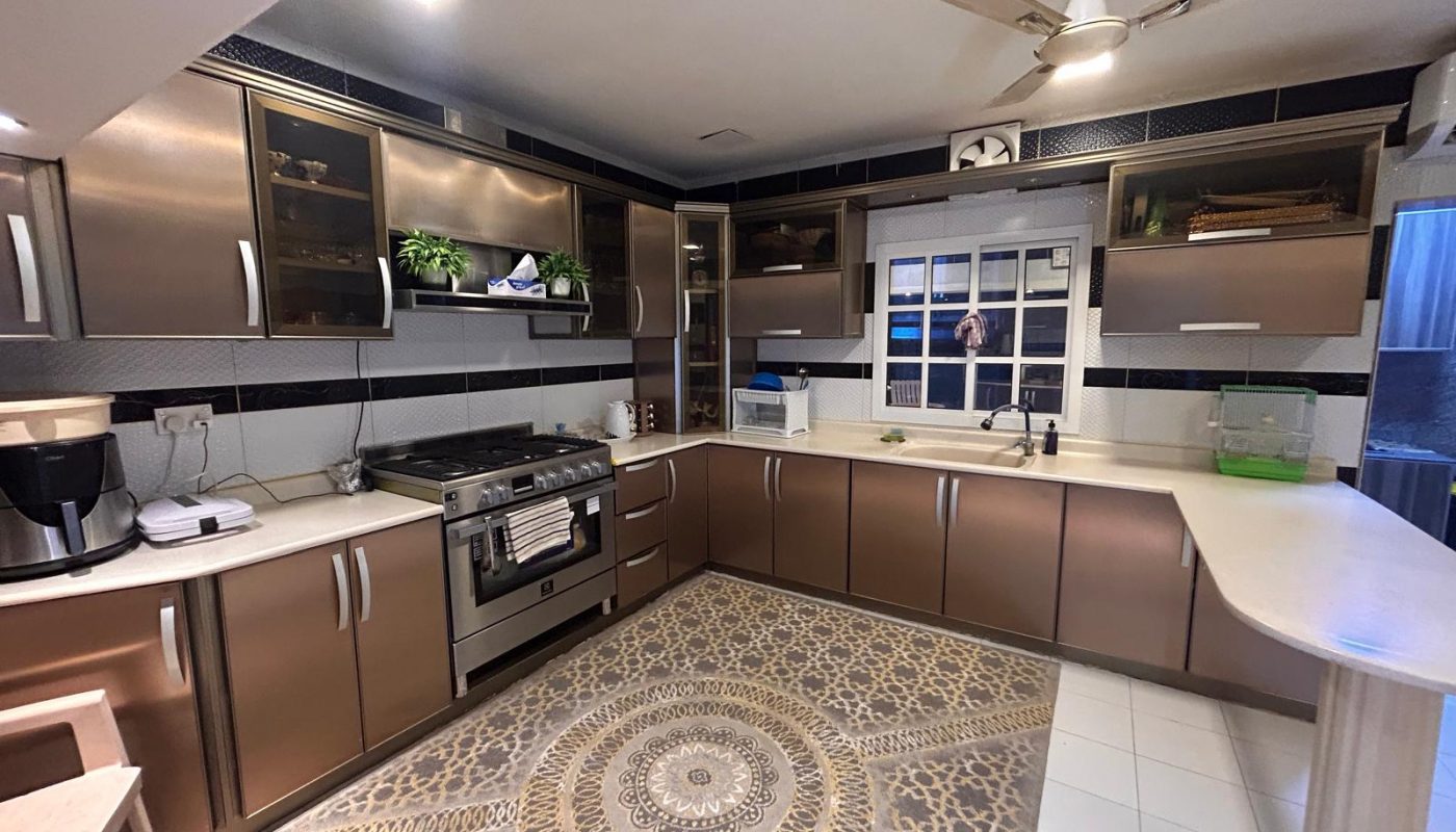 Modern kitchen with metallic brown cabinets, stainless steel appliances, a patterned rug, potted plants, and a ceiling fan. Countertops are white; window and door on the far wall.