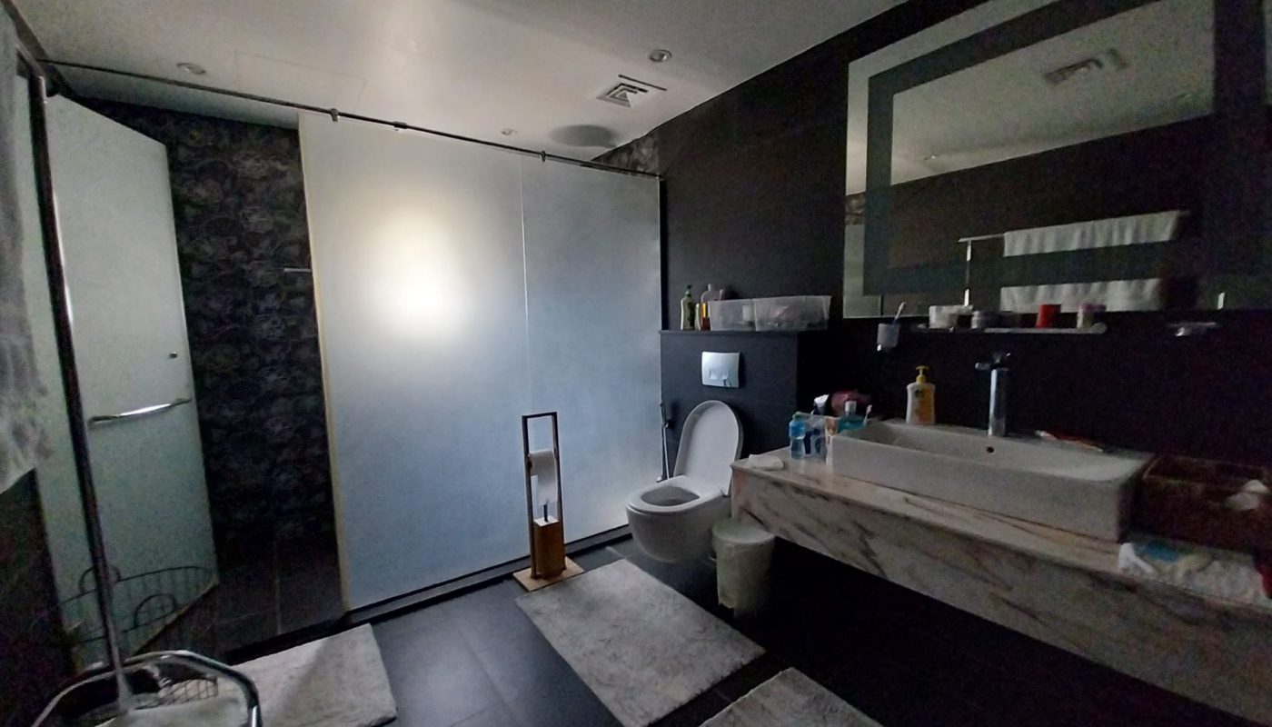 Modern bathroom with dark flooring and walls, a frosted glass shower enclosure, a toilet, a large mirror, and a countertop with sink and toiletries.