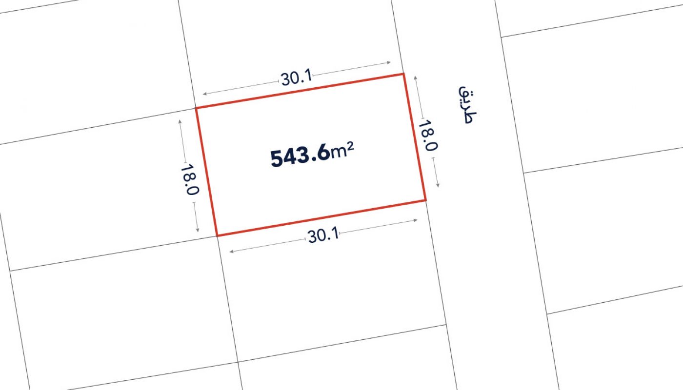 A rectangular plot outlined in red measures 543.6 square meters, with sides of 30.1 meters and 18 meters, adjacent to a street labeled in Arabic.