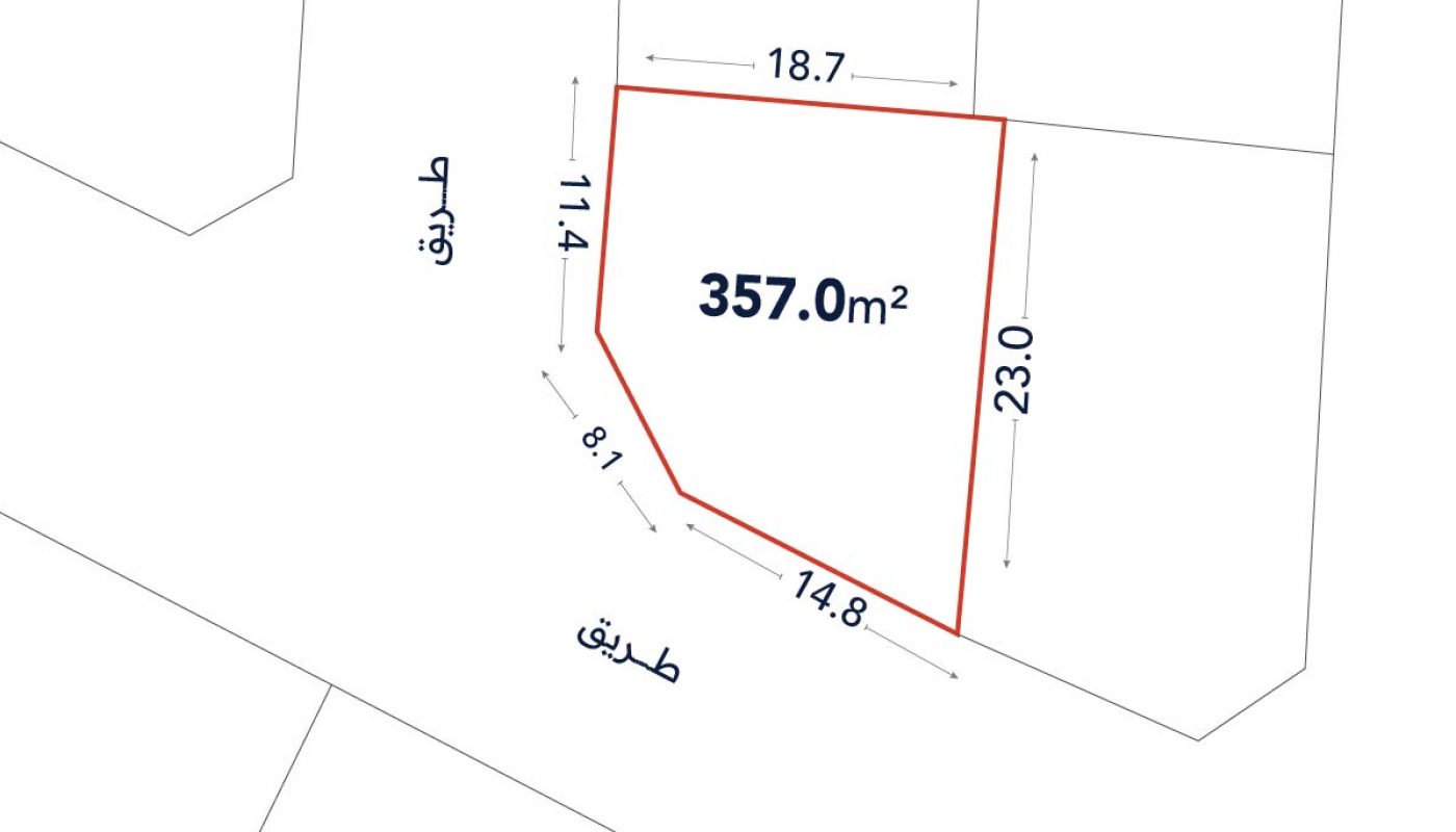 A plot map showing a 357.0 m² land parcel outlined in red with side lengths of 18.7, 11.4, 8.1, 14.8, and 23.0 meters, bordered by two roads labeled “طريق”.