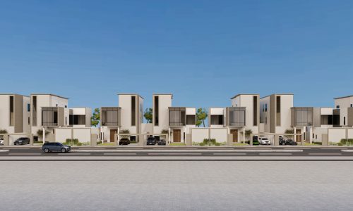 A row of modern, beige two-story houses with large windows and small front lawns is perfectly aligned under a clear blue sky, resembling an auto draft of architectural precision.