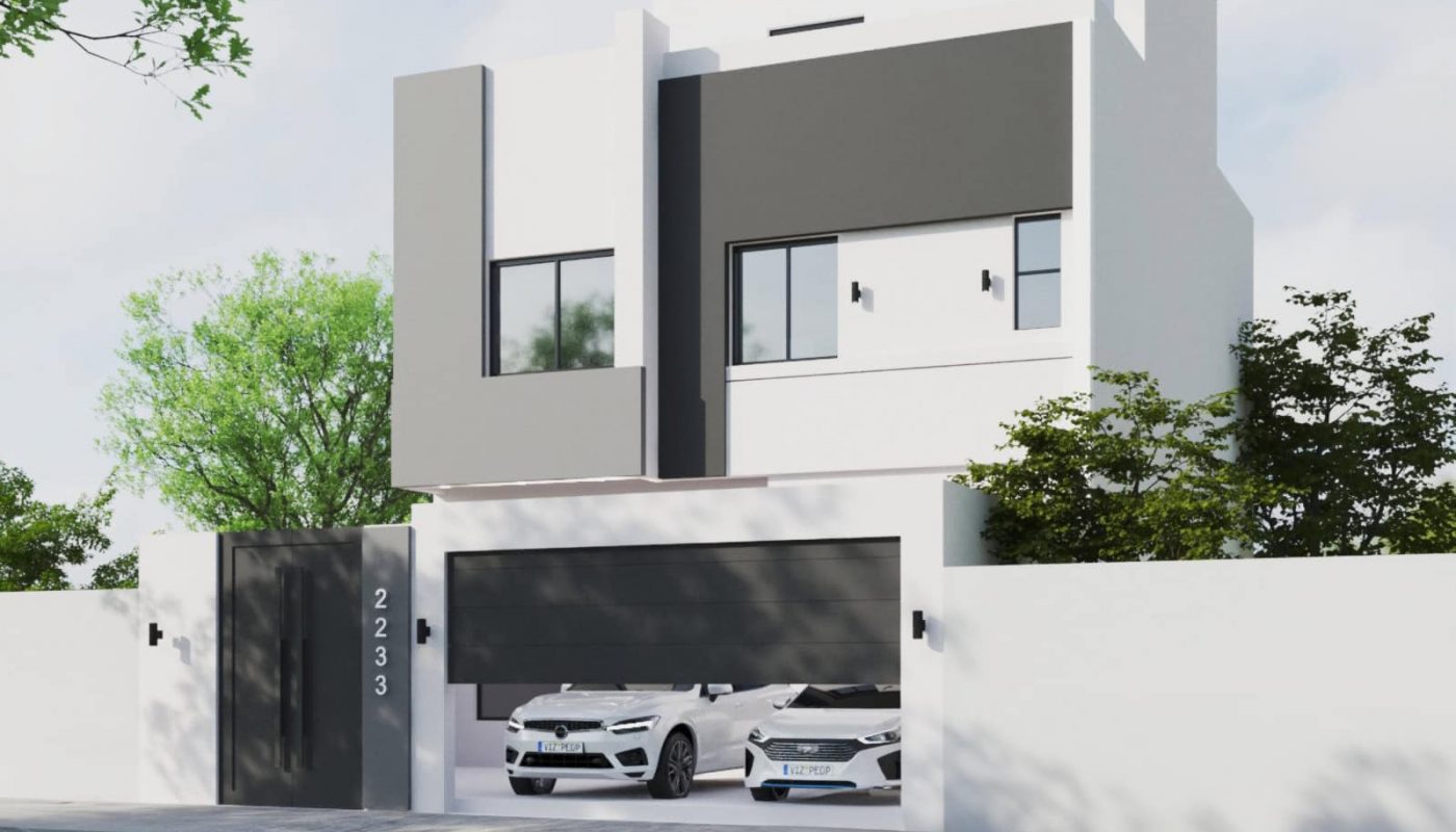 Modern white two-story villa for sale in Hamala with gray accents, large windows, and two white cars parked in the driveway. The house is surrounded by a white wall and greenery, making it an ideal location.